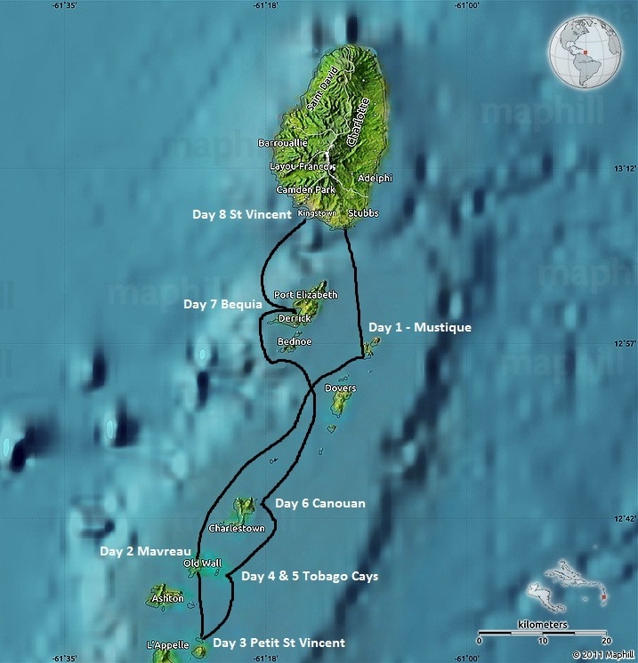 Map of StVincent and the Grenadines sailing itinerary CKIMGroup