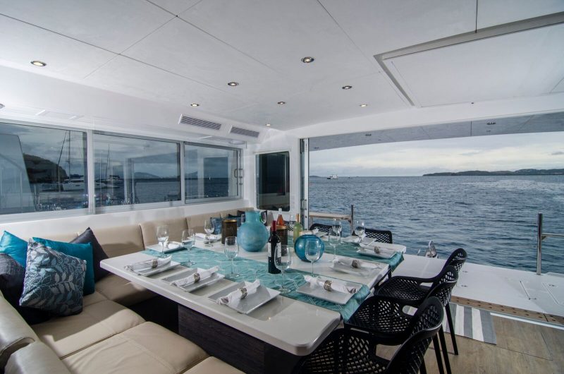 Crew prepared dining onboard a crewed yacht charter vacation.