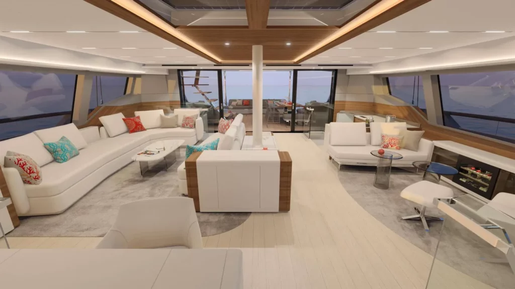 The saloon of Fountaine Pajot 80