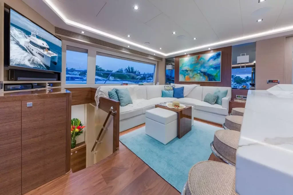 Indoor lounge area with state of the art entertainment system - Health & Wellness Yacht Charter